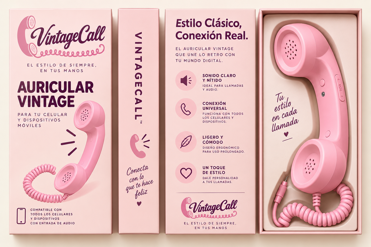 Caja de VintageCall con el auricular retro rosa y su cable rizado